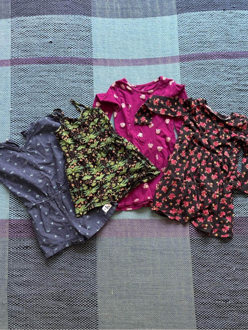 Girls Floral & Solid Mix Dress & Romper Bundle - Pink, Black, Navy, Green